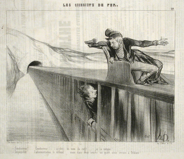 Conducteur!...Conducteur!...arretez, au nom de ciel! (Conductor!...Conductor!...stop in the name of God!...I am sick!) by Honoré Daumier - Davidson Galleries